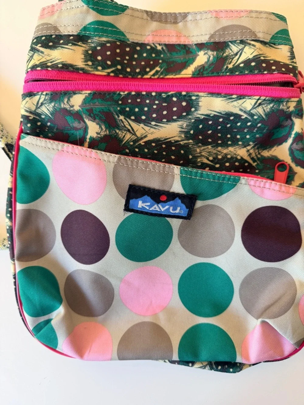 Kavu Polka Dot Crossbody Bag in Pink, Teal, Brown and Gray